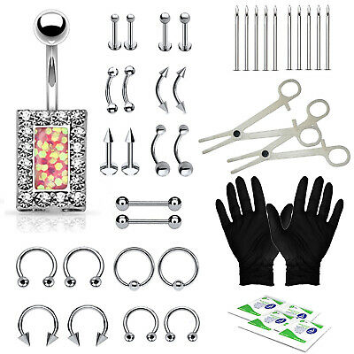 16g, 14g Body Piercing Kit 35 Pieces Heart Cz Belly Ring Tongue Tragus Nipple...