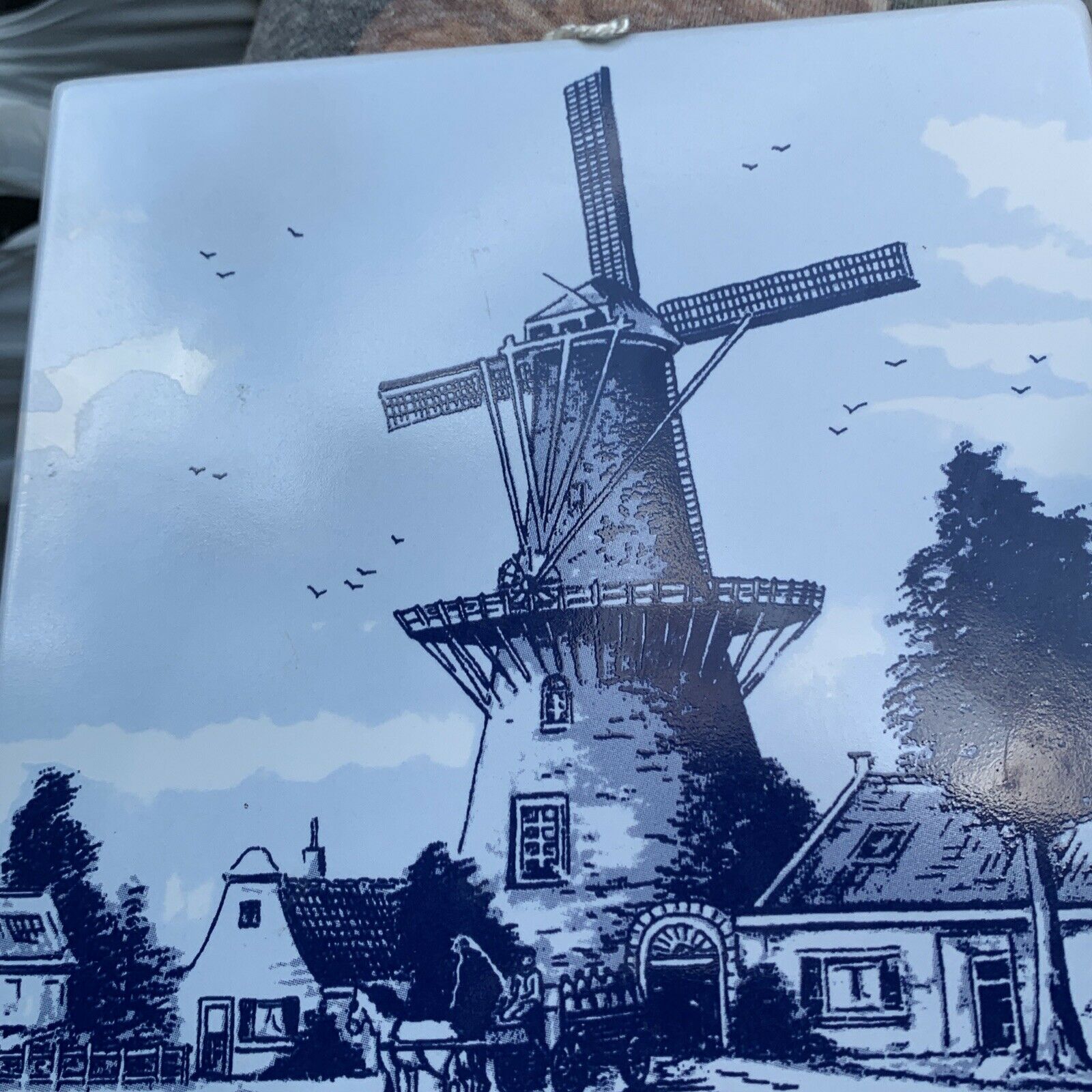 Vintage 6" Ceramic Delft Style Tile Blue/white Windmills & Sailboat Art